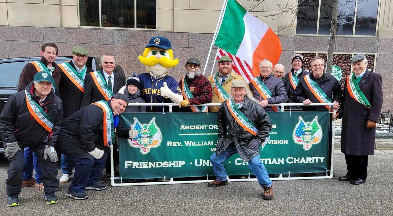 AOH Milwaukee brothers with the Milwaukee Brewers mascot at the St. Patrick's Day Parade